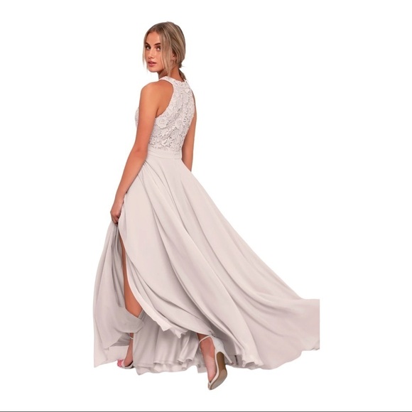 LULU'S Light Gray Picture Perfect Lace High Neck Maxi Dress Small Bridesmaid - Picture 2 of 10